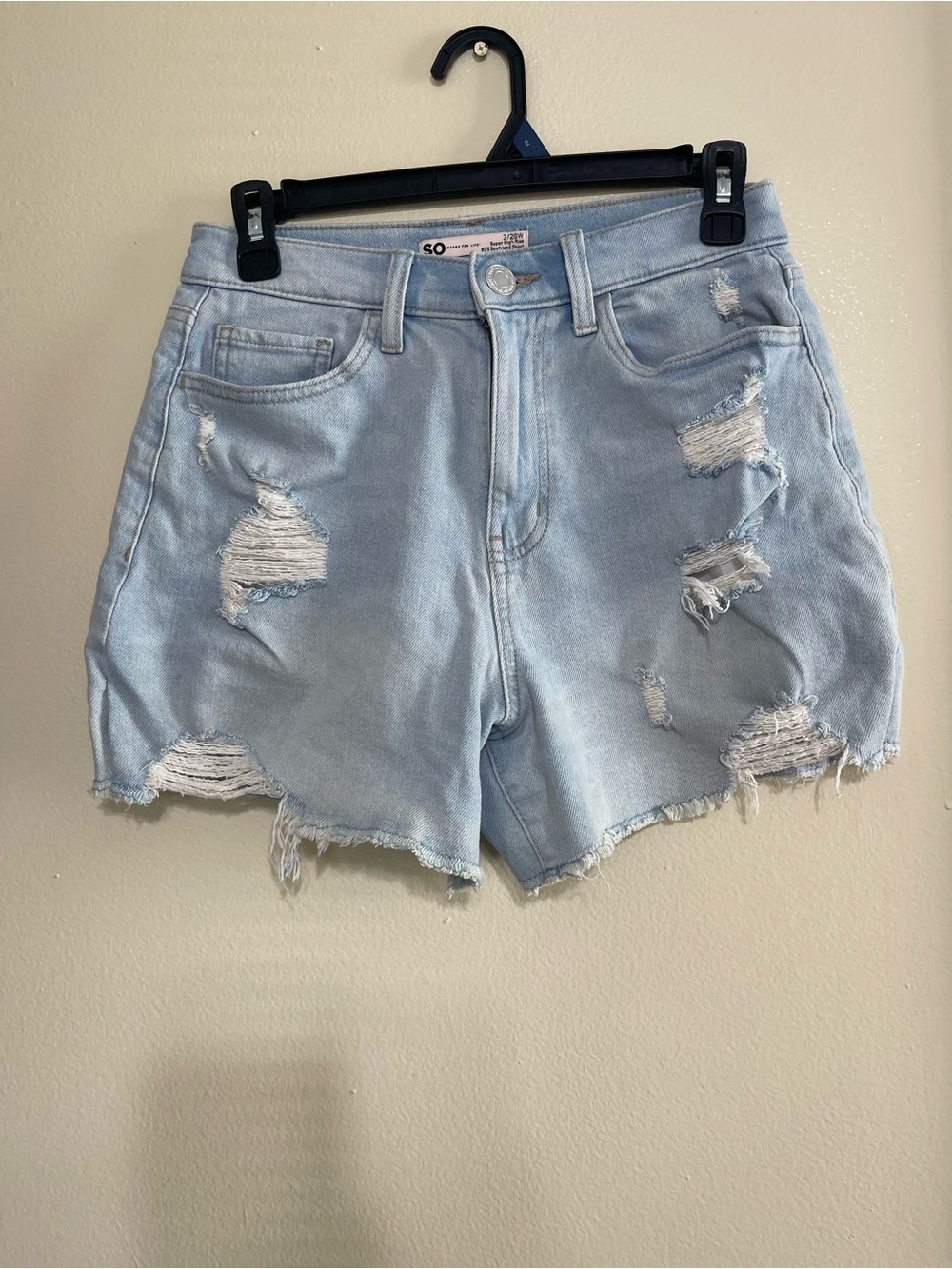 SO Light Blue Distressed High-Rise Jean Shorts